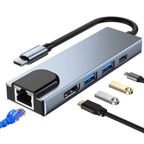 5w1 HUB rozdzielacz USB-C na USB-C USB-A HDMI RJ45 - szary