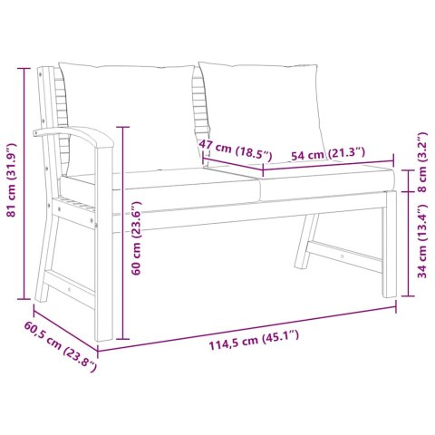 Ławka ogrodowa, 114,5 cm, kremowe poduszki, drewno akacjowe