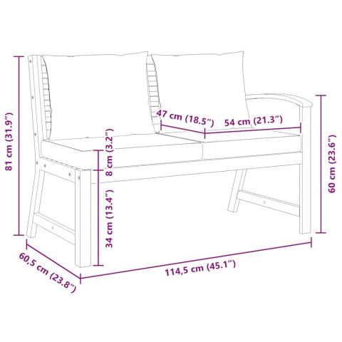 Ławka ogrodowa, 114,5 cm, kremowe poduszki, drewno akacjowe