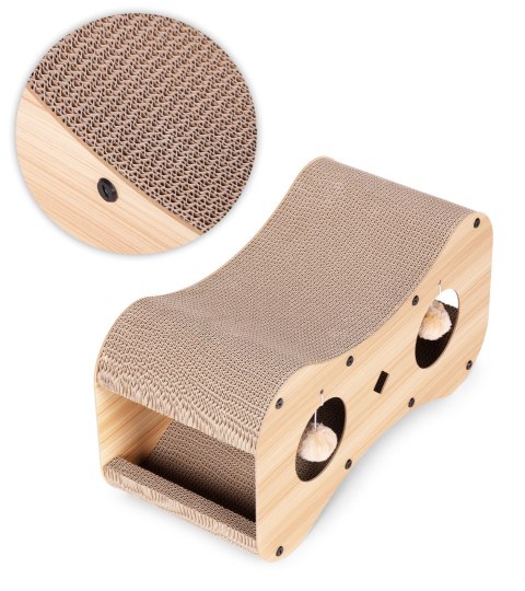 Drapak tekturowy dla kota budka domek kartonowy legowisko z wiszącymi pomponami Petsi