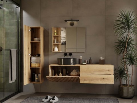 SZAFKA POD UMYWALKĘ TIGO 1D2S DĄB EVOKE 140 CM 2 SZUFLADY RYFLOWANY FRONT WISZĄCA
