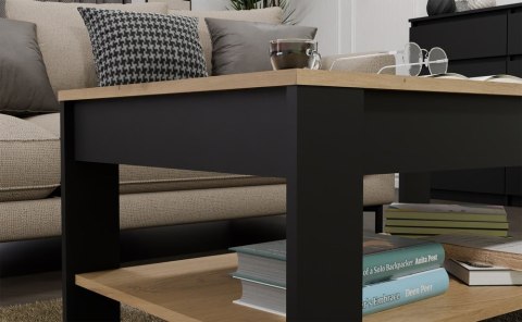 Stolik Kawowy OHIO DĄB ARTISAN CZARNY Ława Półki Do Salonu 93x58x43,5 Cm