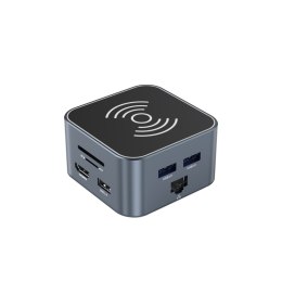 12w1 Hub z ładowarką bezprzewodową USB-A USB-C HDMI RJ45 SD TF mini jack - szary