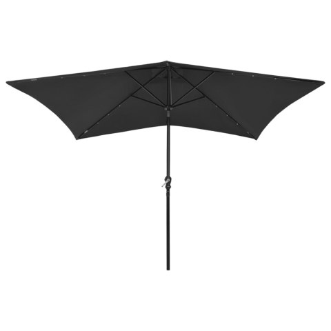 Parasol z lampkami LED, na stalowym słupku, czarny, 2x3 m