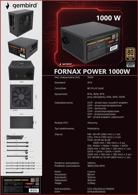GEMBIRD ZASILACZ KOMPUTEROWY FORNAX POWER 1000W 80+ GOLD ATX, 1000W, AKTYWNE PFC, 12CM WENTYLATOR