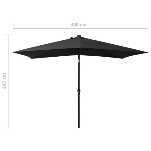 Parasol z lampkami LED, na stalowym słupku, czarny, 2x3 m