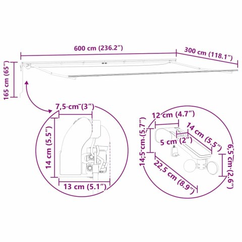 Markiza z ręczne Biały 6 x 3 m Metal