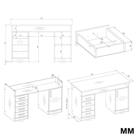 BIURKO ADA BIAŁE 125 Cm 4 Szuflady Szafka Półki Do Biura Pokoju Na Laptop