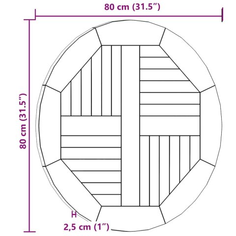 Blat stołu, lite drewno tekowe, okrągły, 2,5 cm, 80 cm