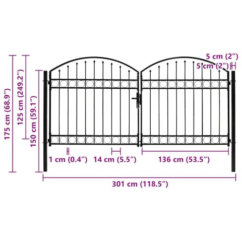 Brama ogrodzeniowa, podwójna, zaokrąglona, stal, 300x125 cm
