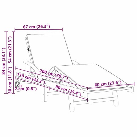 Leżaki 2 szt. z poduszkami i kółkami Czerwony Lite drewno akacjowe