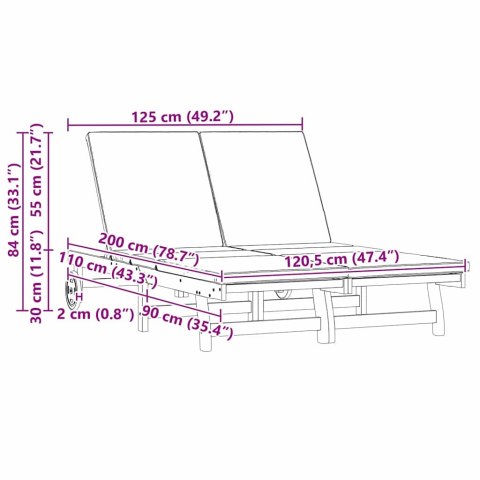 Podwójny Leżak z Kółkami i Poduszką Akacjową