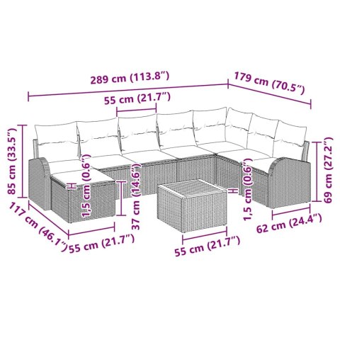 Zestaw sof bocznych z poduszkami czarny polirattan akacja