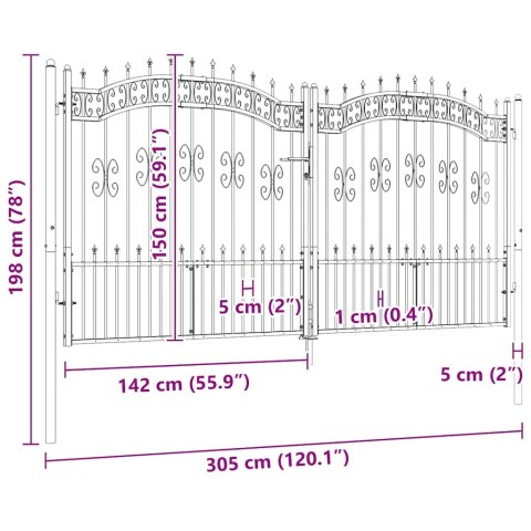 Brama ogrodzeniowa z włócznią, czarna, 305x150 cm, malowana proszkowo, stal