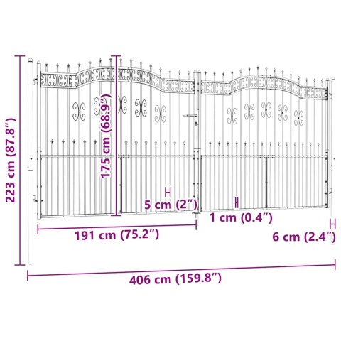 Brama ogrodzeniowa z włócznią, czarna, 406x175 cm, malowana proszkowo, stal