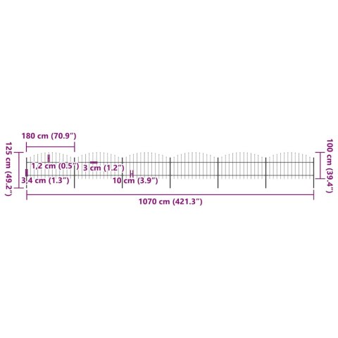 Ogrodzenie ogrodowe z włócznią, stalowe, 1070 x 125 cm, czarne