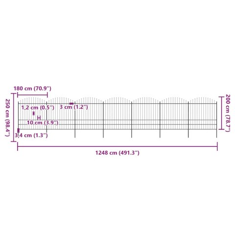 Ogrodzenie ogrodowe z włócznią, stalowe, 1248 x 200 cm, czarne