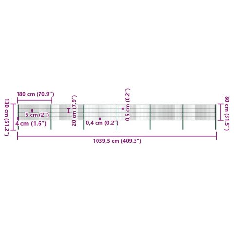Panel ogrodzeniowy ze słupkami żelaznymi 1040x80 cm zielony