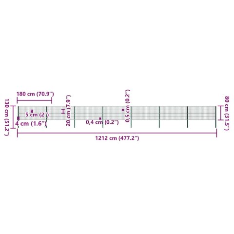 Panel ogrodzeniowy ze słupkami żelaznymi 1212x80 cm zielony