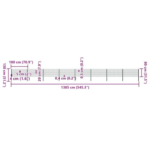 Panel ogrodzeniowy ze słupkami żelaznymi 1385x80 cm zielony