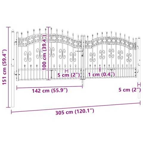 Brama ogrodzeniowa z włócznią, czarna, 305x100 cm, malowana proszkowo, stal