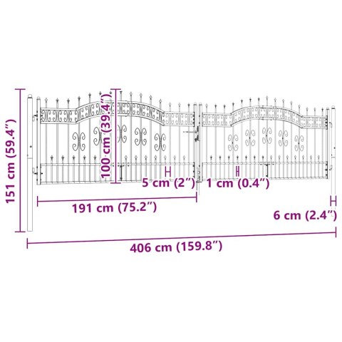 Brama ogrodzeniowa z włócznią, czarna, 406x100 cm, malowana proszkowo, stal
