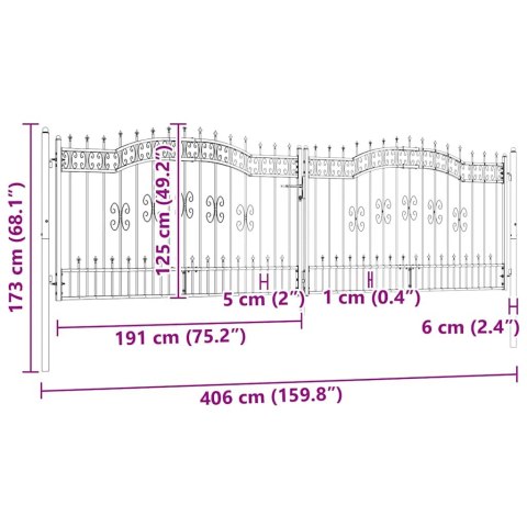 Brama ogrodzeniowa z włócznią, czarna, 406x125 cm, malowana proszkowo, stal