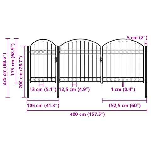Brama ogrodzeniowa, zaokrąglona, stal, 2,25 x 4 m, czarna