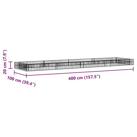 Podwyższona donica gabionowa, galwanizowana stal, 400x100x20 cm