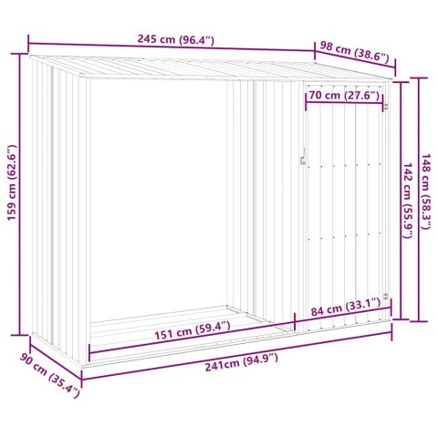 Szopa z wiatą na drewno, szara, 245x98x159 cm, stal