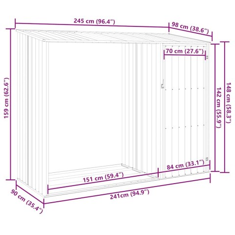 Szopa z wiatą na drewno, zielona, 245x98x159 cm, stal