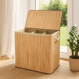 Bambusowy kosz na pranie 150 l z pokrywą - 3 przegródki