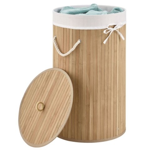 Okrągły kosz na pranie z bambusa 55 l z pokrywą i workiem