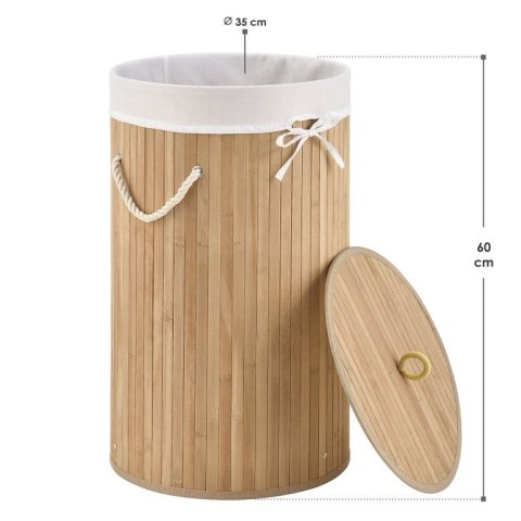 Okrągły kosz na pranie z bambusa 55 l z pokrywą i workiem