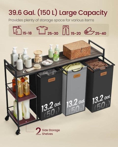 Kosz na pranie z półkami VASAGLE, 3 komory, 150L, na kółkach