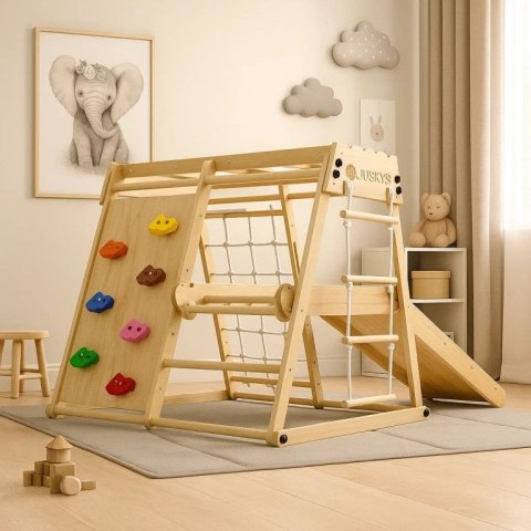 Drewniany, składany plac zabaw do wnętrz z zjeżdżalnią