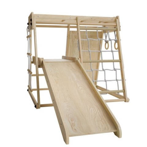 Drewniany, składany plac zabaw do wnętrz z zjeżdżalnią
