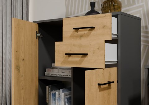 Komoda SIMPLO 2D2S Szafka 2 Szuflady 2 Drzwi Do Salonu ANTRACYT DĄB ARTISAN