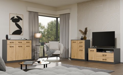 Komoda SIMPLO 2D2S Szafka 2 Szuflady 2 Drzwi Do Salonu ANTRACYT DĄB ARTISAN