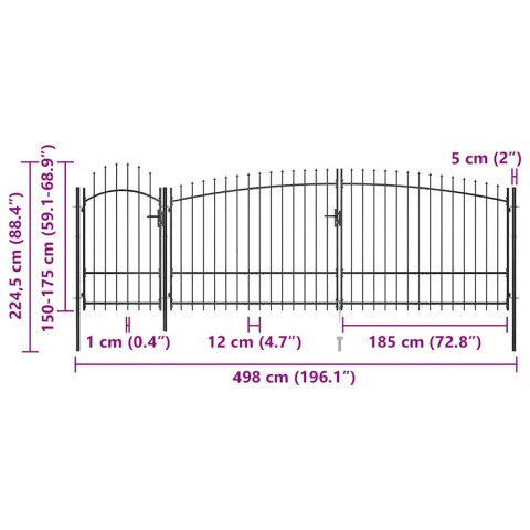 Brama ogrodzeniowa z grotami, 5 x 2,25 m, czarna