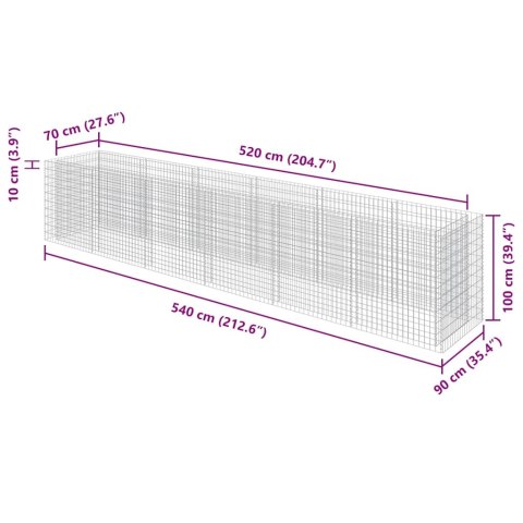 Podwyższona donica gabionowa, galwanizowana stal, 540x90x100 cm