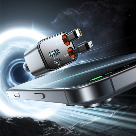 Ładowarka samochodowa 4w1 z kablami zwijanymi USB-A USB-C 30W- ciemnoszara