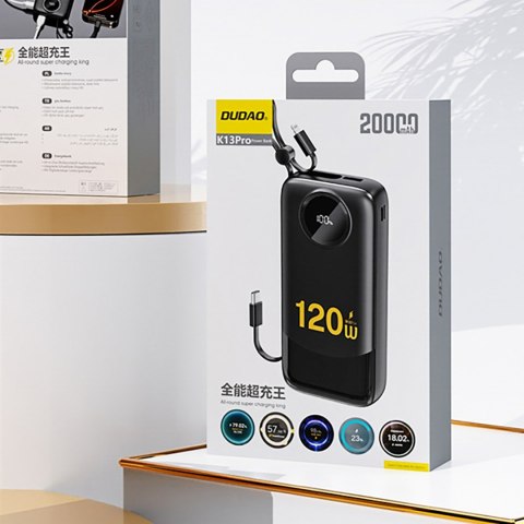 Powerbank K13 Pro 20000mAh z wbudowanym kablem - czarny