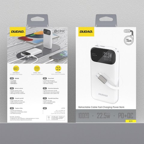 Powerbank K31 10000 mAh 22.5W PD z wbudowanym kablem - biały
