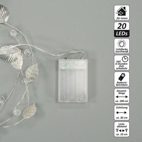 Oświetlenie perełkowe i srebrne listki, 20 diod LED, ciepła