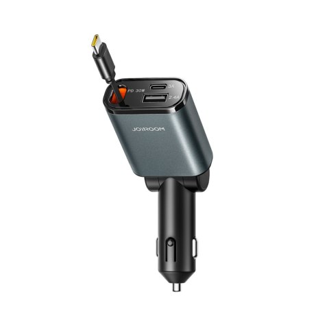 Ładowarka samochodowa 3w1 z kablem zwijanym USB-A USB-C - ciemnoszara