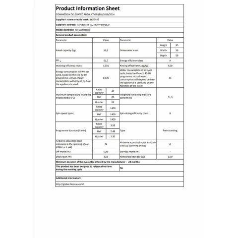 Pralka Hisense WF5S1045BW 59,5 cm 1400 rpm 10,5 kg