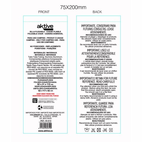 Składane krzesło kempingowe z funkcją leżaka Aktive Niebieski 62 x 62 x 117 cm Składany wózek Namiot (2 Sztuk)