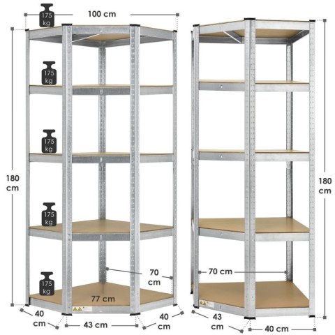 Regał narożny metalowy z półkami MDF 180x70x40 cm, 875 kg