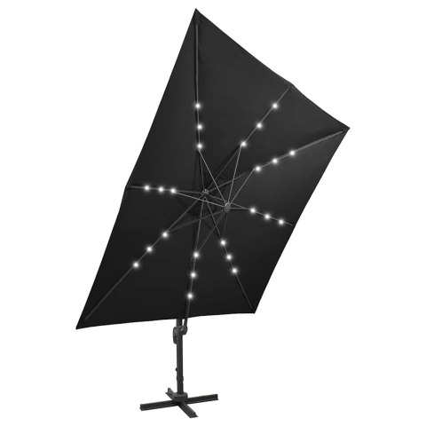 Parasol wiszący z lampkami LED i słupkiem, 300 cm, czarny
